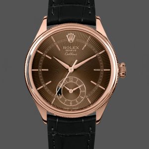 Rolex Cellini Dual Time 50525 Brown Guilloche Dial Black Leather Strap 39mm Mens Replica Watch