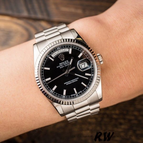 Rolex Day-Date 118239 White Gold Black Dial Fluted Bezel 36mm Unisex Replica Watch - Image 3