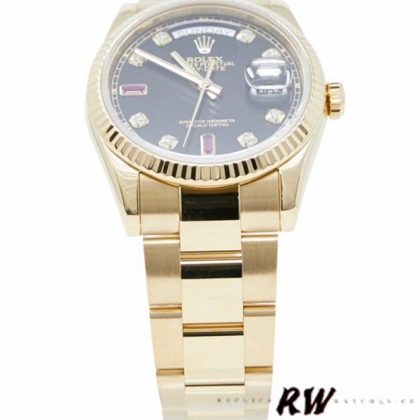 Rolex Day Date 118238 Yellow Gold Black Diamond Dial Fluted Bezel 36mm Mens Replica Watch - Image 3