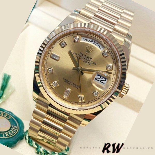 Rolex Day-Date 128238 Fluted Bezel Champagne Diamond Dial 36MM Unisex Replica Watch - Image 3