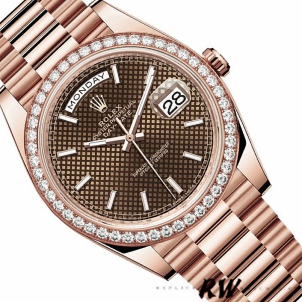 Rolex Day-Date 228345RBR Chocolate Brown Diagonal Motif Dial Diamond Bezel 40mm Mens Replica Watch - Image 3