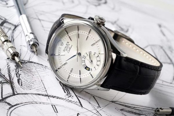 Rolex Cellini Dual Time 50529 Silver Sunburst Dial Brown Leather Strap 39mm Mens Replica Watch - Image 4