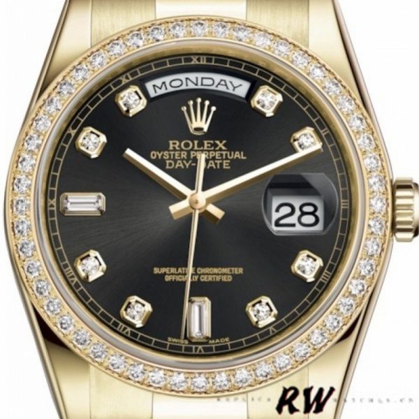 Rolex Day Date 118348 Yellow Gold Black Diamond Dial 36mm Unisex Replica Watch - Image 2