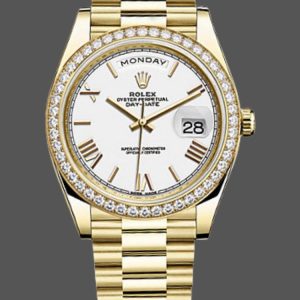 Rolex Day-Date 228348RBR White Roman Dial Diamond Bezel 40mm Mens Replica Watch