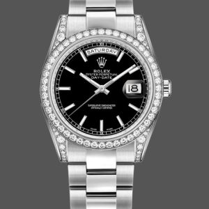 Rolex Day-Date 118389 Diamond Bezel Black Index Dial 36MM Unisex Replica Watch