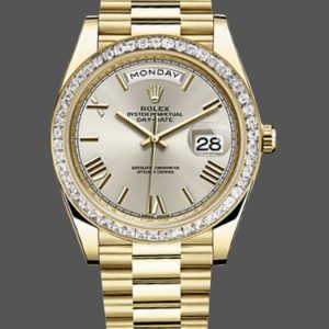Rolex Day-Date 228398TBR Silver Roman Numeral Dial Diamond Bezel 40mm Mens Replica Watch