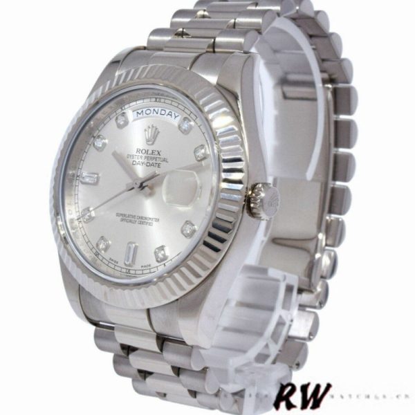 Rolex Day-Date 218239 Diamond Silver Dial White Gold 41MM Mens Replica Watch - Image 4