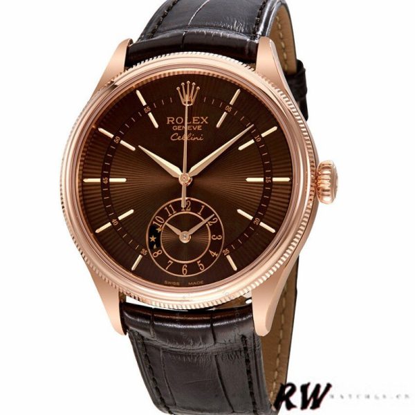 Rolex Cellini Dual Time 50525 Brown Guilloche Dial Brown Leather Strap 39mm Mens Replica Watch - Image 2