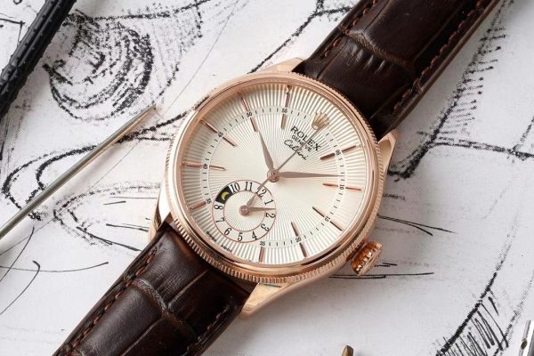 Rolex Cellini Dual Time 50525 Silver Dial Brown Leather Strap 39mm Mens Replica Watch - Image 3