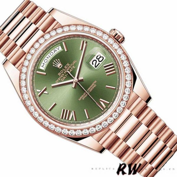 Rolex Day-Date 228345RBR Olive Green Roman Dial Diamond Bezel 40mm Mens Replica Watch - Image 3