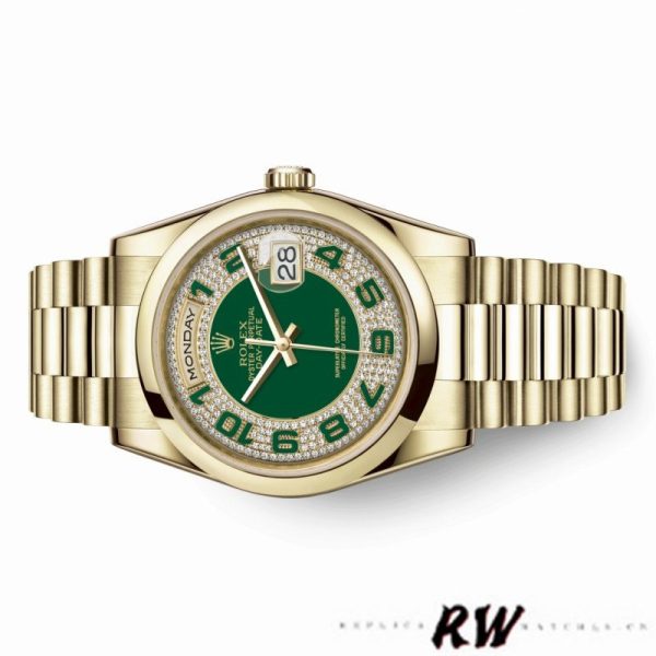 Rolex Day-Date 118208 Yellow Gold Green Diamond Paved Arabic Dial 36mm Unisex Replica Watch - Image 3