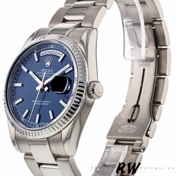 Rolex Day-Date 118239 White Gold Blue Dial Fluted Bezel 36mm Unisex Replica Watch - Image 4