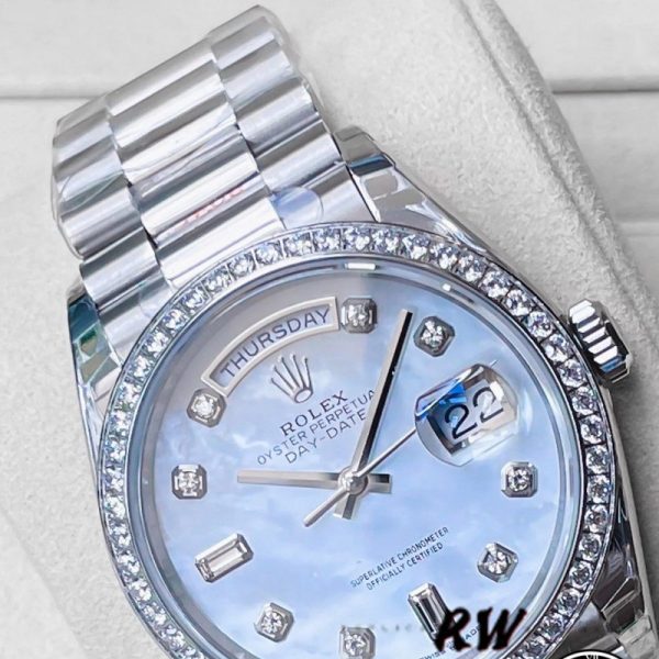 Rolex Day-Date 128349RBR White Mother of Pearl Dial Diamond Bezel 36MM Unisex Replica Watch - Image 3