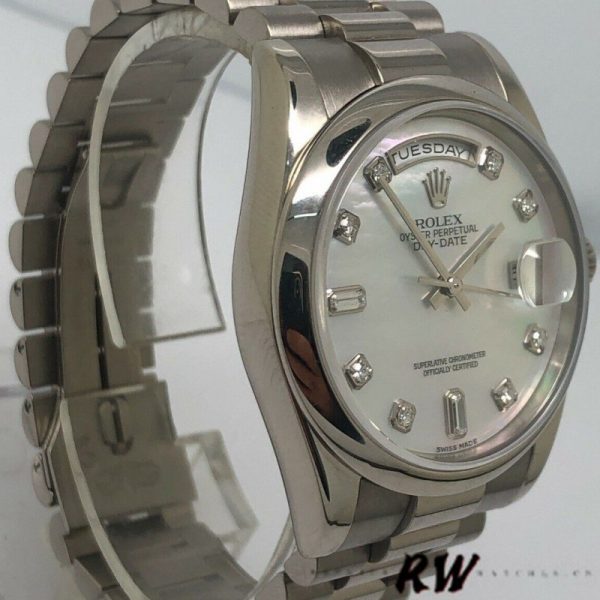 Rolex Day-Date 118206 Platinum White Mother of Pearl Diamond Dial 36mm Unisex Replica Watch - Image 3