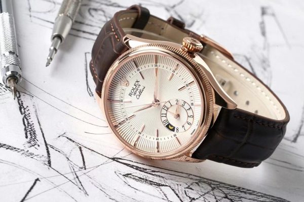 Rolex Cellini Dual Time 50525 Silver Dial Brown Leather Strap 39mm Mens Replica Watch - Image 4