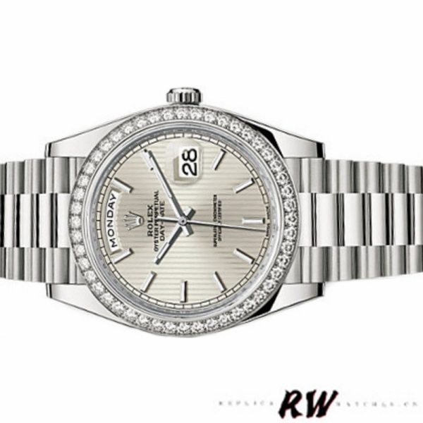 Rolex Day-Date 228349RBR Silver Stripe Motif Dial Diamond Bezel 40mm Mens Replica Watch - Image 4