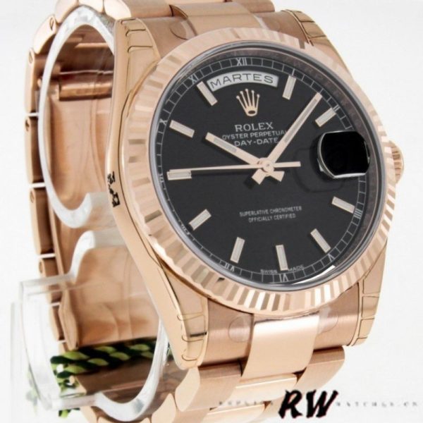 Rolex Day-Date 118235 Black Dial Fluted Bezel 36mm Unisex Replica Watch - Image 2