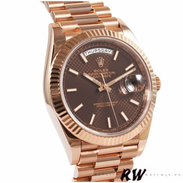 Rolex Day-Date 228235 Chocolate Brown Diagonal Motif Dial Fluted Bezel 40mm Mens Replica Watch - Image 3