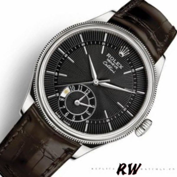 Rolex Cellini Dual Time 50529 Black Dial Brown Leather Strap 39mm Mens Replica Watch - Image 4