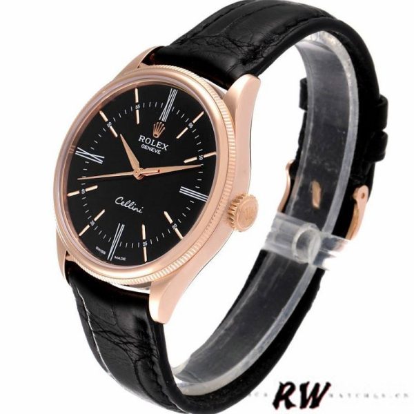 Rolex Cellini Time 50505 Black Leather Strap Black Dial 39mm Mens Replica Watch - Image 3