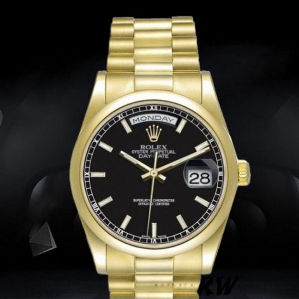 Rolex Day-Date 118208 Black Dial Automatic Yellow Gold 36mm Unisex Replica Watch - Image 2