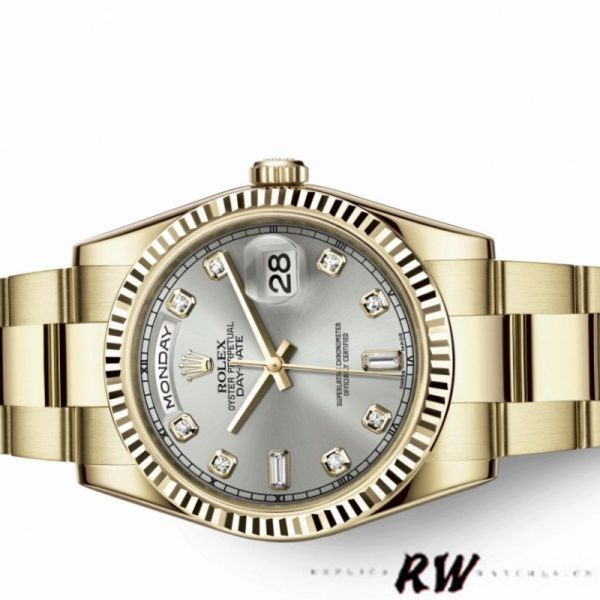 Rolex Day-Date 118238 Yellow Gold Silver Diamond Dial 36mm Unisex Replica Watch - Image 3