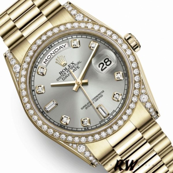 Rolex Day-Date 118388 Yellow Gold Silver Diamond Dial 36MM Unisex Replica Watch - Image 2