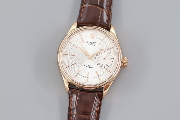 Rolex Cellini Date Rose Gold Silver Crocodile Leather Strap 50515 39mm Mens Replica Watch - Image 2