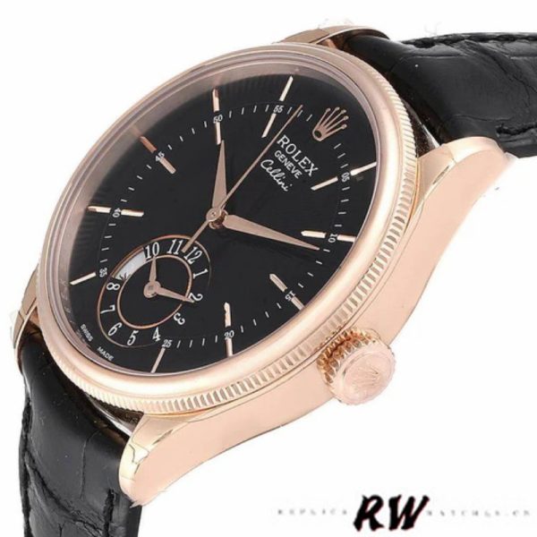 Rolex Cellini Dual Time 50525 Black Dial Black Leather Strap 39mm Mens Replica Watch - Image 4