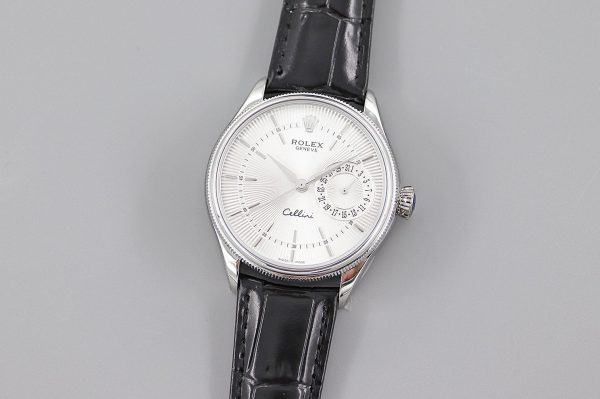 Rolex Cellini Date 50519 Black Leather Silver Dial 39mm Mens Replica Watch - Image 4