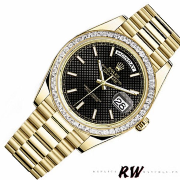 Rolex Day-Date 228398TBR Black Diagonal Motif Dial Diamond Bezel 40mm Mens Replica Watch - Image 3