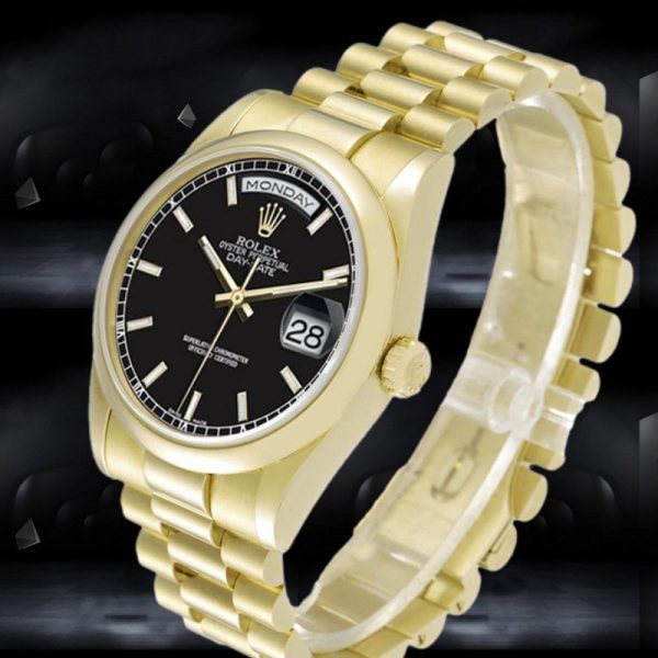 Rolex Day-Date 118208 Black Dial Automatic Yellow Gold 36mm Unisex Replica Watch - Image 3