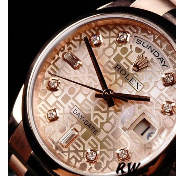 Rolex Day-Date 118205 Rose Gold Pink Jubilee Diamond Dial 36mm Unisex Replica Watch - Image 3