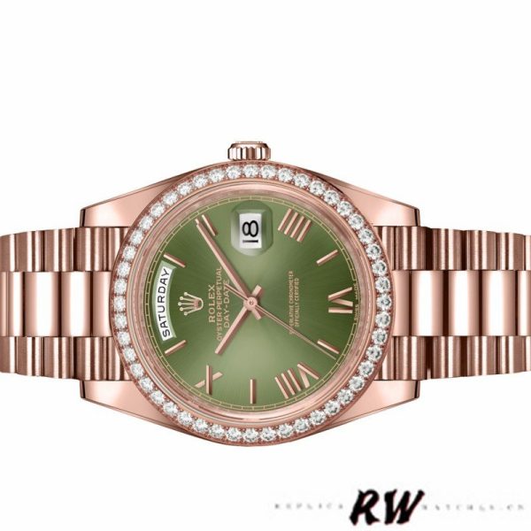 Rolex Day-Date 228345RBR Olive Green Roman Dial Diamond Bezel 40mm Mens Replica Watch - Image 4