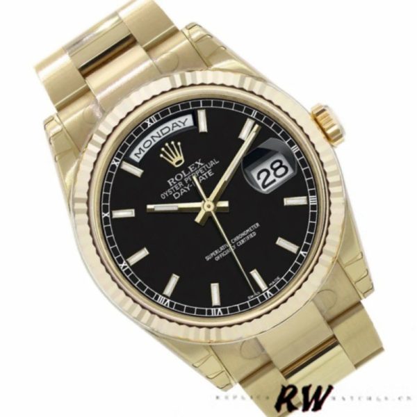 Rolex Day Date 118238 Yellow Gold Black Dial Stainless Steel 36mm Mens Replica Watch - Image 2