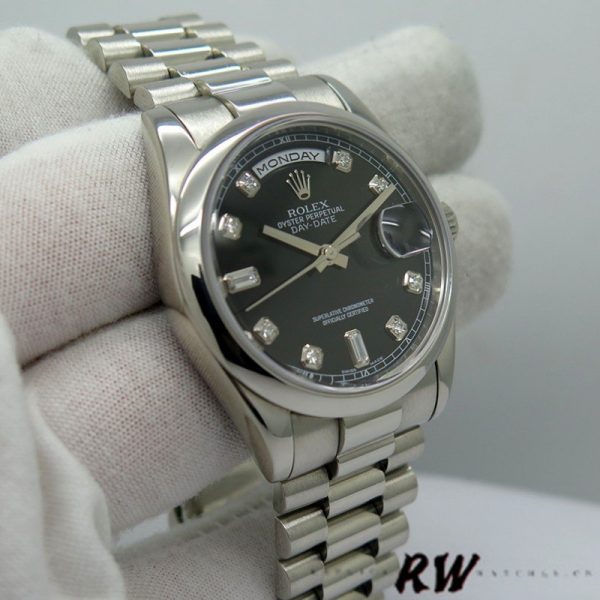 Rolex Day Date 118206 Platinum Black Diamond Dial 36mm Unisex Replica Watch - Image 2