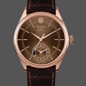 Rolex Cellini Dual Time 50525 Brown Guilloche Dial Brown Leather Strap 39mm Mens Replica Watch