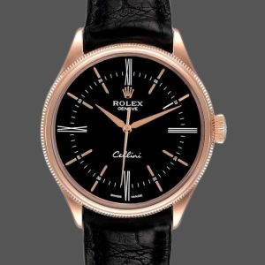 Rolex Cellini Time 50505 Black Leather Strap Black Dial 39mm Mens Replica Watch