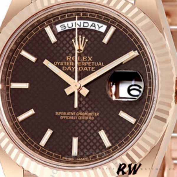 Rolex Day-Date 228235 Chocolate Brown Diagonal Motif Dial Fluted Bezel 40mm Mens Replica Watch - Image 2