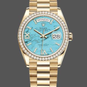 Rolex Day-Date 128348RBR Turquoise Diamond Dial Yellow Gold 36MM Unisex Replica Watch