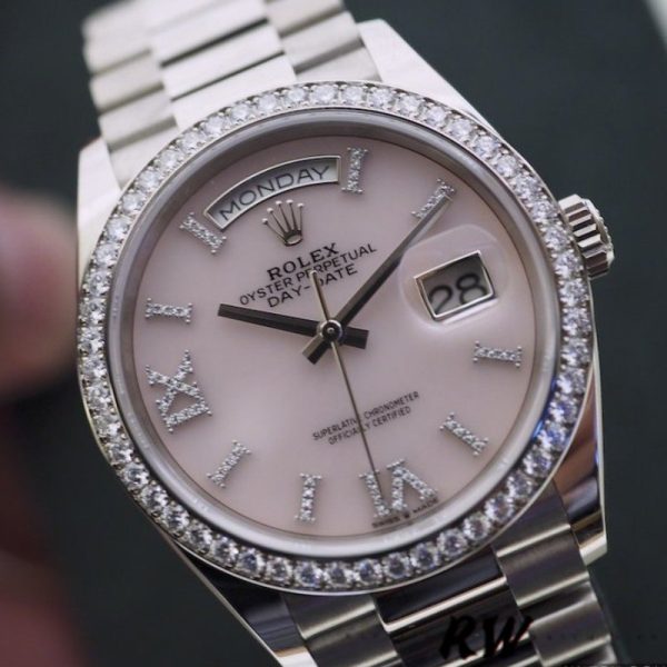 Rolex Day-Date 128349RBR Pink Opal Dial Diamond Bezel 36MM Unisex Replica Watch - Image 3