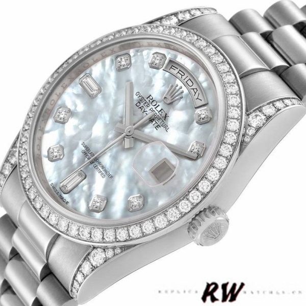 Rolex Day-Date 118389 Diamond Bezel MOP White Dial 36MM Unisex Replica Watch - Image 4