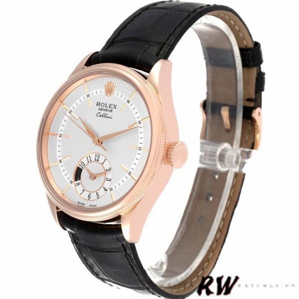 Rolex Cellini Dual Time 50525 Silver Dial Black Leather Strap 39mm Mens Replica Watch - Image 3