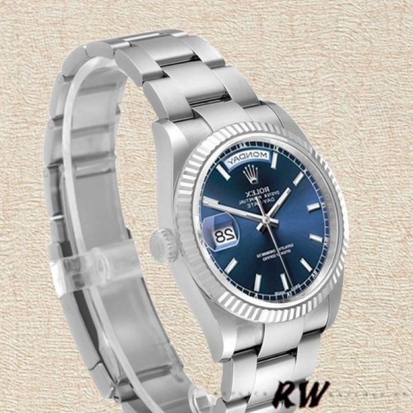 Rolex Day-Date 118239 White Gold Blue Dial Fluted Bezel 36mm Unisex Replica Watch - Image 3