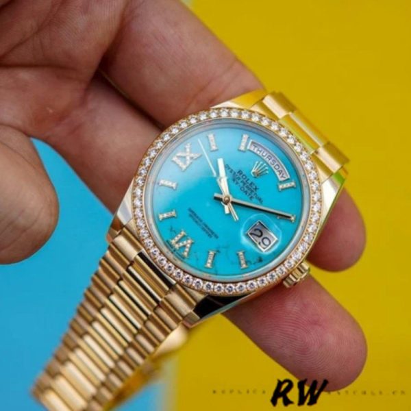 Rolex Day-Date 128348RBR Turquoise Diamond Dial Yellow Gold 36MM Unisex Replica Watch - Image 3