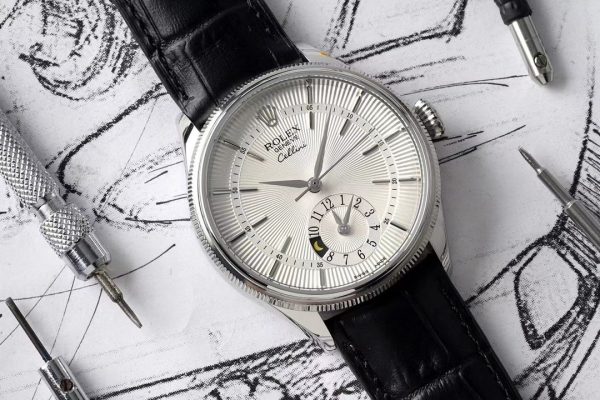 Rolex Cellini Dual Time 50529 Silver Sunburst Dial Brown Leather Strap 39mm Mens Replica Watch - Image 2
