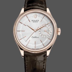 Rolex Cellini Date Rose Gold Silver Crocodile Leather Strap 50515 39mm Mens Replica Watch