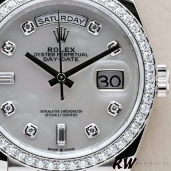 Rolex Day-Date 128349RBR White Mother of Pearl Dial Diamond Bezel 36MM Unisex Replica Watch - Image 4