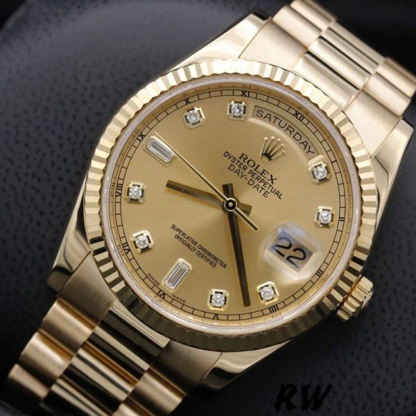 Rolex Day-Date 118238 Yellow Gold Diamond Champagne Dial 36mm Unisex Replica Watch - Image 3