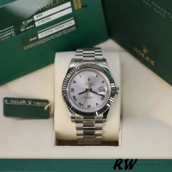 Rolex Day-Date 218239 Silver Roman Numerals Dial White Gold 41MM Mens Replica Watch - Image 2